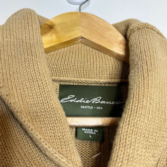 Eddie Bauer Sweater Mens Large Tan Shawl Collar Knit Grandpacore Linen Fisherman - Picture 4 of 9